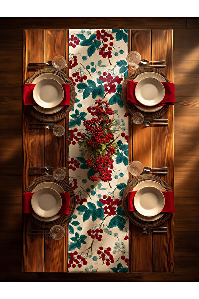 Medi Home Yılbaşı Mulberry Dream Mor ve Pembe Meyve Desenli Runner – Koyu Kahverengi