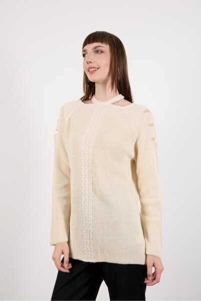Moda Days Women's Ecru Cut-Out Detail on the Shoulders Raglan Sleeve Glittery Knit Sweater