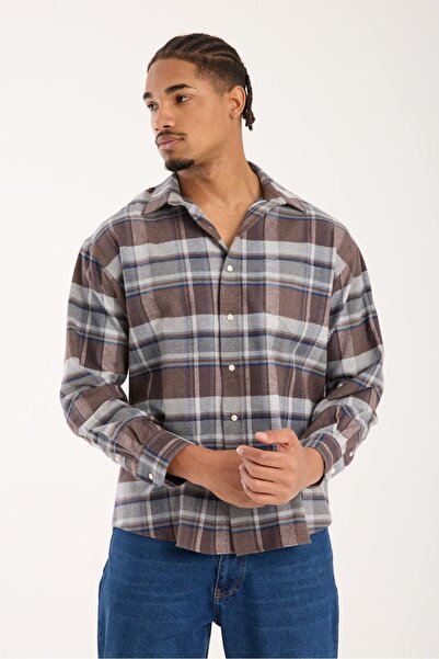 Abbate Ανδρικό καρό πουκάμισο BB Club Rio Flannel Cotton oversized Fit καφέ κλασικό πέτο