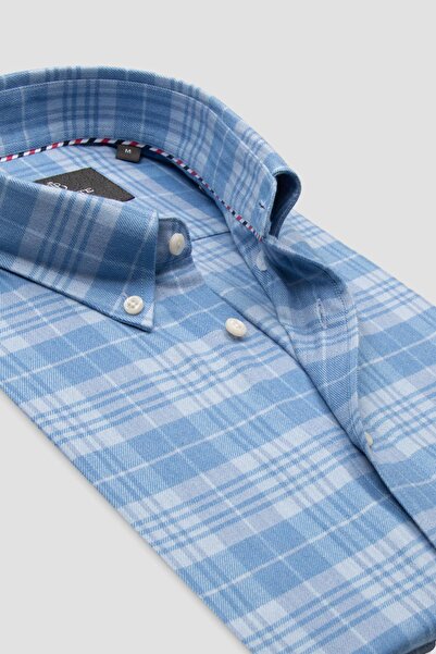 Abbate Лука фланела от памучна смес, удобна кройка, светлосиня, с копчета и яка, мъжка карирана риза