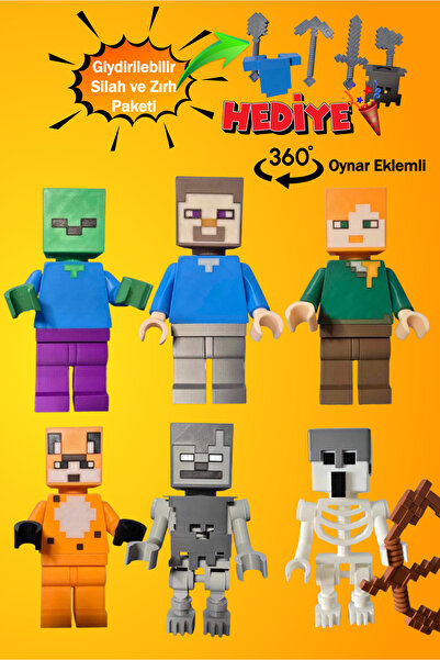 GiginGo Minecraft Yapı Oyuncak Tasarım 9 Adet Karakter - 6 Parça Alet ve Zırh...