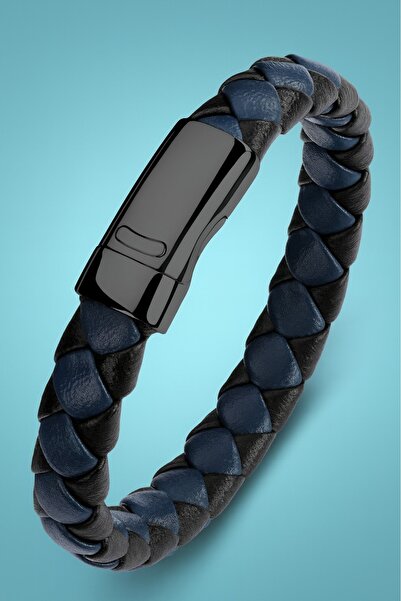 voyageaccessory Daily and Business Style Navy Blue Black Braided Leather Men's Bracelet with Magnetic Steel Clip