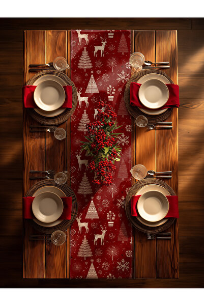 Medi Home Yılbaşı Kırmızı Geyikli Deseni Runner