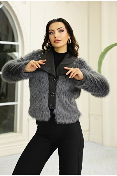 Vegove Kuşgözü Detaylı Geniş Yaka Deri&Kürk