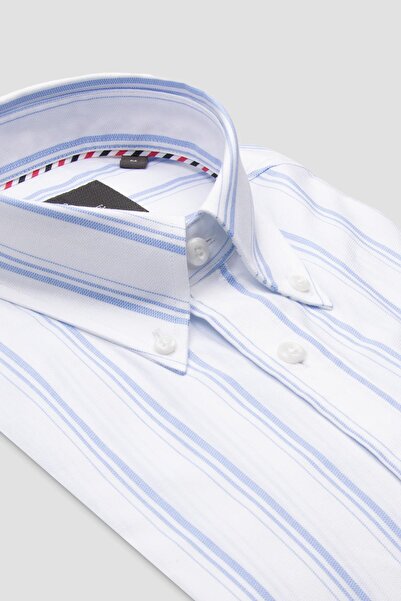 Abbate Luca Poplin Бавовняна Comfort Fit Світло-синя сорочка з ґудзиками на комірі Чоловіча сорочка в смужку