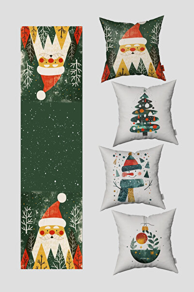EsnafAli غطاء وسادة على شكل شجرة الصنوبر الخضراء ورجل الثلج بمناسبة عيد الميلاد، مجموعة من 4 أغطية وسائد و1 مفرش