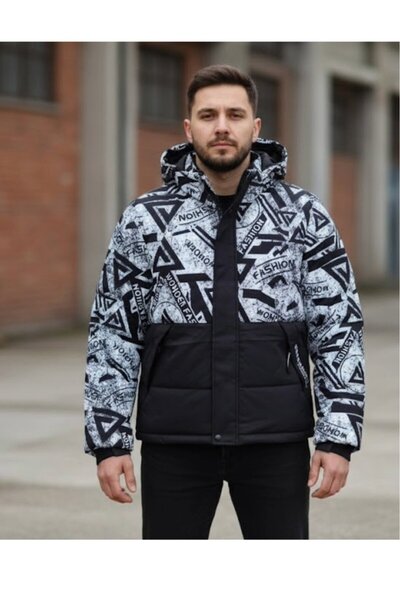embody Jachetă bărbătească cu cu imprimeu și glugă detașabilă 52030-1 negru/alb