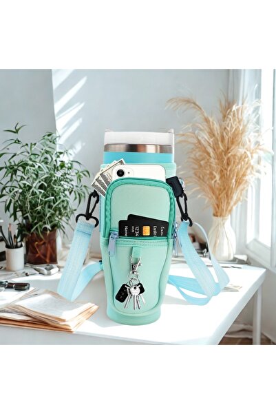 Store Quencher Pipetli 1.18 Lt Termos Kılıfı Omuz Askılı Termos Çanta Fermuarlı Cepli Kılıf Çanta