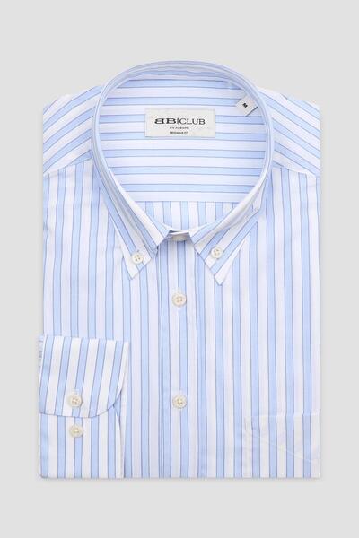 Abbate Cămașă pentru bărbați cu dungi BB Club Mike Poplin, din bumbac, cu croială normală, albastru deschis, cu guler cu nasturi
