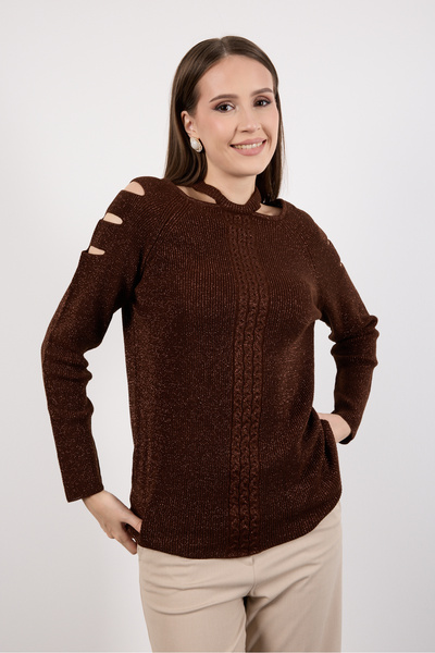 Moda Days Women's Bitter Brown Shoulder Cut-Out Detailed Raglan Sleeve Glitter Knit Sweater
