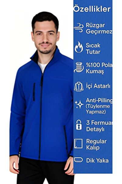 iş konsept Saks Mavi Üç Cepli Tüylenmeyen Anti-Pilling Tam Fermuarlı Unisex P...