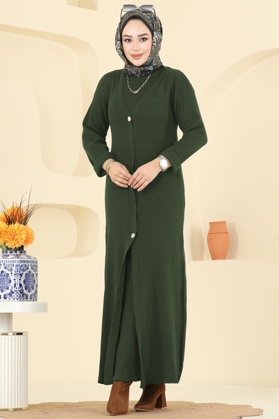 ModaMerve Önden Düğmeli Elbiseli Triko Takım 3080KLB1050-MS Haki
