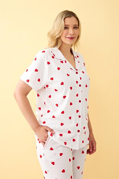 Celira Women's White Red Heart Patterned Front Button Plus Size Pajama Set