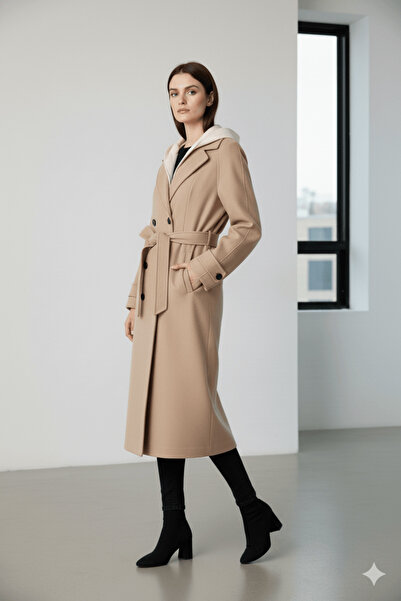 cemo Women's Hooded Belted Buttoned Coat