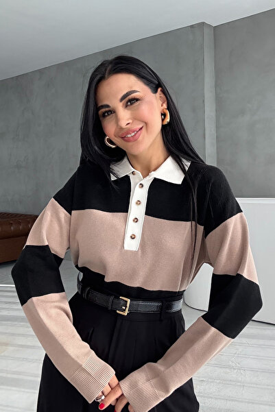 Seda Yalçın Atelier Mink Striped Polo Neck Sweater