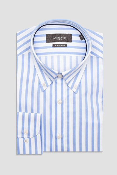 Abbate Carlo Twill Бавовняна сорочка Slim Fit світло-синього кольору з ґудзиками на комірі та смужками для чоловіків