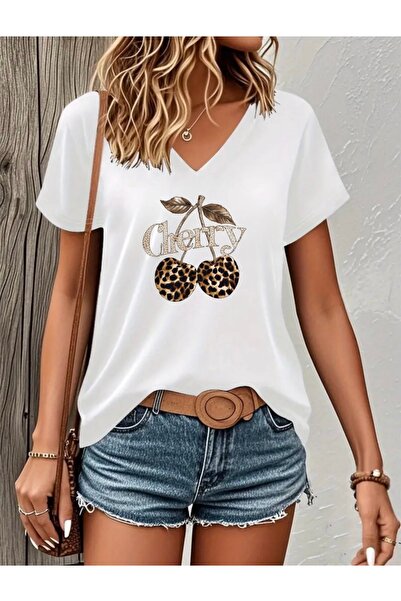 FUFLUNS Leopard Cherry Printed Women's Oversize V-Neck T-Shirt