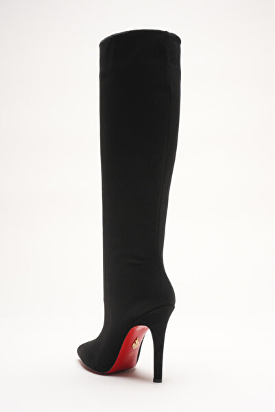 Ayakkabı Ateşi Жіночі гострі носки без застібки на тонких підборах, нижче коліна, Monias, чорна теляча замша