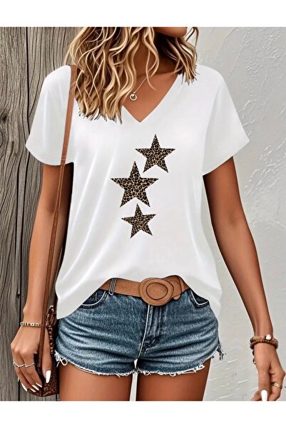 FUFLUNS تي شيرت نسائي كبير الحجم برقبة على شكل حرف V مطبوع عليه نجمة ليوبارد