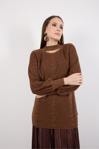 Moda Days Women's Brown Raglan Balloon Sleeve Choker Neck Glitter Knit Sweater