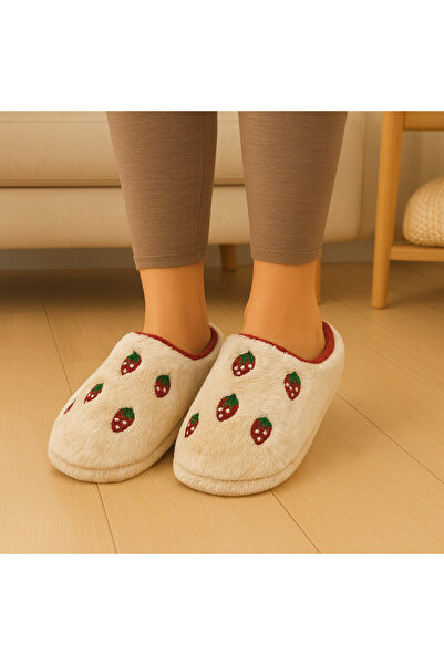 ALB TERLİK AYAKKABI SAN. TİC. LTD. ŞTİ. Γυναικείες παντόφλες εσωτερικού χώρου με βελούδινο σχέδιο φράουλας – Μαλακές, ζεστές, χειμερινές παντόφλες με αντιολισθητική σόλα