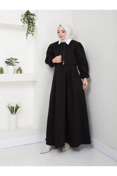 HEDEF DAİSY Îmbrăcăminte pentru femei Culoare neagră Rochie lungă cu trei fire, cu guler alb, cu detaliu de fermoar în față