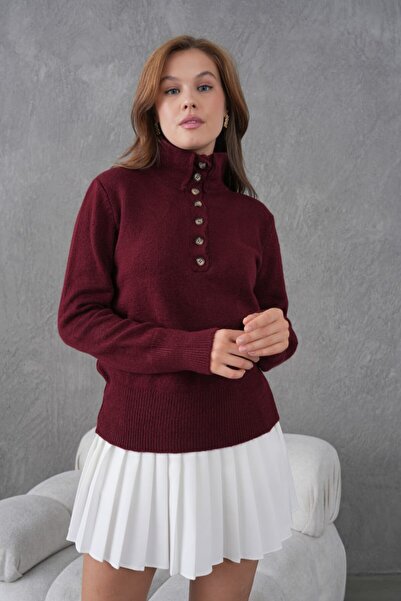 Miss Allos Women's High Neck and Buttoned Front Knit Sweater