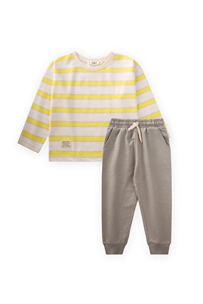 Cigit Striped Long Sleeve T-Shirt Set 2-12 Years Old Beige Yellow Striped