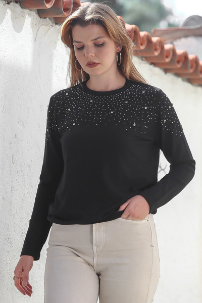 Chiccy Black Round Neck Long Sleeve Stone Trock Casual Knitwear Sweater 65 60