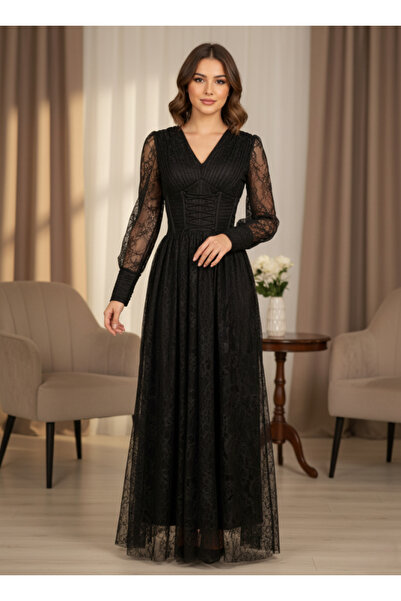 Opera Fashion Black lace evening dress with sheer sleeves and elegant corset design
