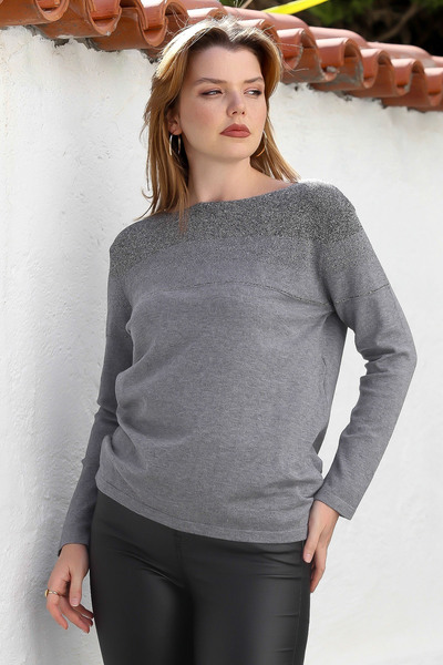 Chiccy Gray Melange Boat Neck Long Sleeve Glitter Casual Knit Sweater 65 60