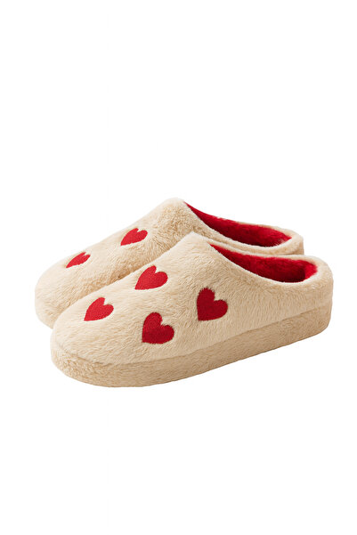 ALB TERLİK AYAKKABI SAN. TİC. LTD. ŞTİ. Women's Heart Plush House Slippers – Soft, Warm Sole, Comfortable Winter Red Heart Pattern