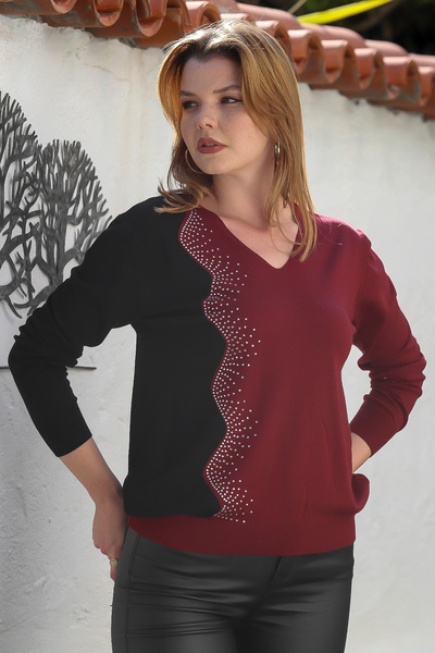 Chiccy Black-Burgundy V-Neck Long Sleeve Stone Casual Knitwear Sweater 65 60