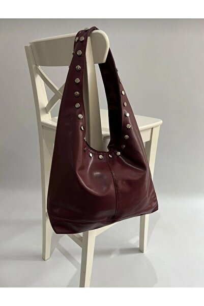 EZZY BLİSS Staple Detailed Soft Leather Large Volume Oversized Magnetic Handbag Shoulder Bag Burgundy