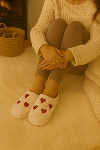 ALB TERLİK AYAKKABI SAN. TİC. LTD. ŞTİ. Γυναικείες παντόφλες Heart Plush – Μαλακές, ζεστές σόλες, άνετες χειμερινές με κόκκινο σχέδιο καρδιάς