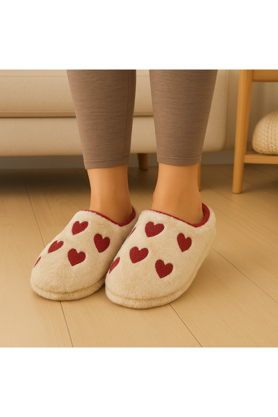 ALB TERLİK AYAKKABI SAN. TİC. LTD. ŞTİ. Women's Heart Plush House Slippers – Soft, Warm Sole, Comfortable Winter Red Heart Pattern