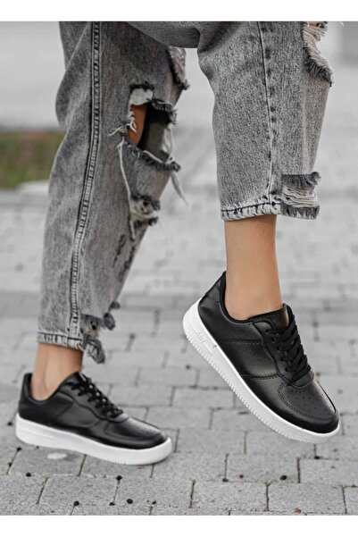 WEBORN Women's Daily Thick Sole Sneakers Lace-Up Black White Comfortable Mode...