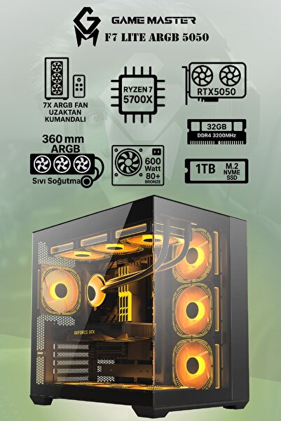 GM Game Master F7 Lite ARGB RTX5050 Ryzen 7 5700X CPU 32GB DDR4 RAM 1TB M.2 SSD RTX5050 7x ARGB Fanlı Gaming PC