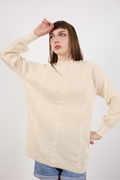 Moda Days Women's Ecru Raglan Balloon Sleeve Choker Neck Glitter Knit Sweater