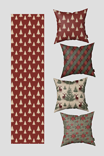 EsnafAli غطاء وسادة عيد الميلاد بتصميم شجرة الصنوبر الخضراء وزهرة البوينسيتيا مع 4 أغطية وسائد وطقم مفرش طاولة واحد