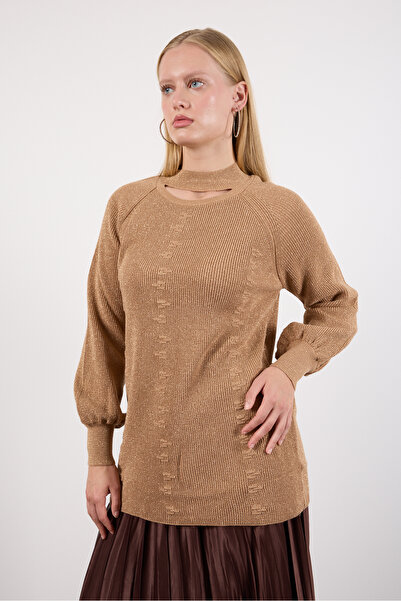 Moda Days Women's Beige Raglan Balloon Sleeve Choker Collar Glittery Knitwear Sweater