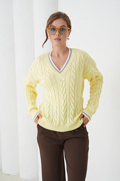 Miss Allos Women's V-Neck Knitted Patterned Sweater with Line Detail on the Collar and Sleeves