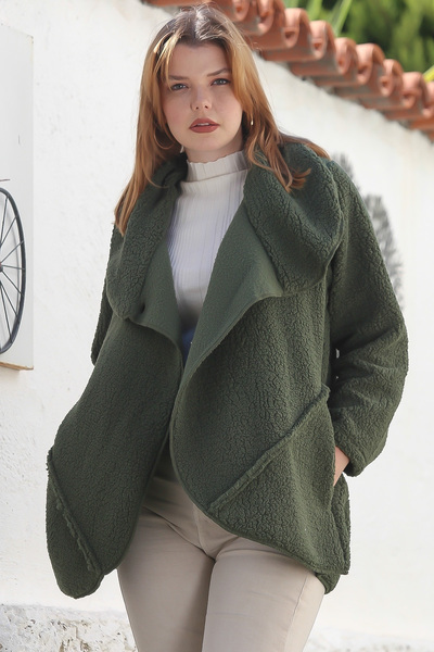 Chiccy Khaki Shawl Collar Long Sleeve Pocket Casual Plush Woven Jacket 80 65