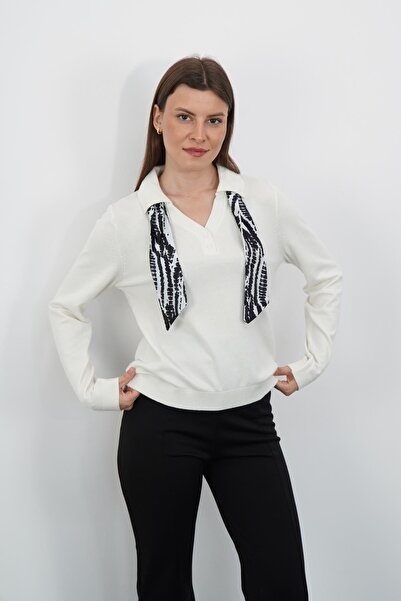 penyebizden Polo Neck Scarf Long Sleeve Knitwear-Ecru