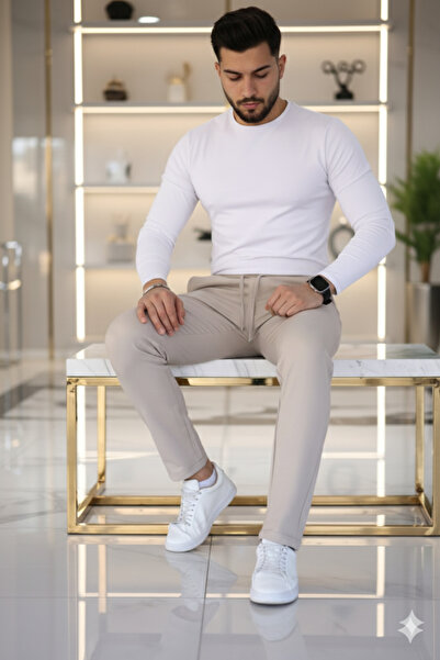 Mamlay Beige Elastic Waist Tie-up Jogger Pants