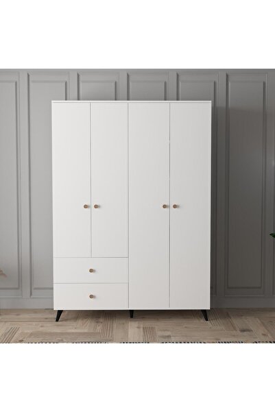 Remaks Tire 4 Kapaklı 2 Çekmeceli Gardırop - Beyaz