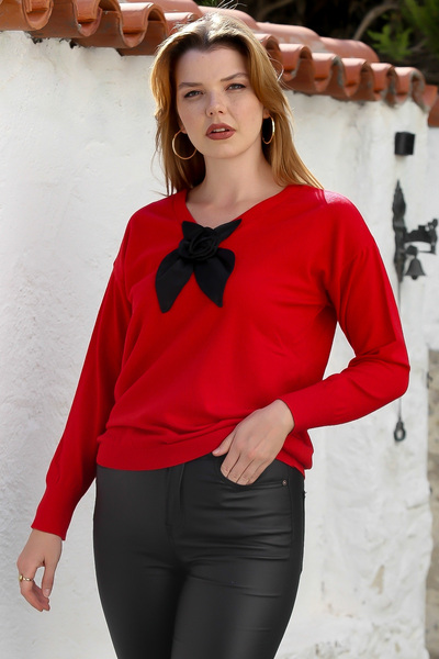 Chiccy Red V-Neck Long Sleeve Bow Detailed Casual Knitwear Sweater 65 60