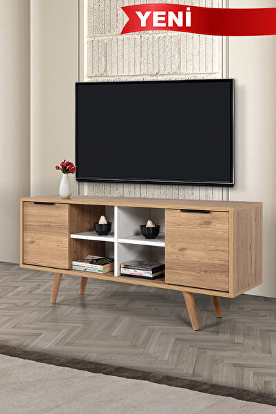 Evmo Home 3321 Sina 130 Cm ( AHŞAP AYAKLI , METAL KULPLU ) TV Ünitesi , Sepet - Beyaz , Tv Sehpası , Salon