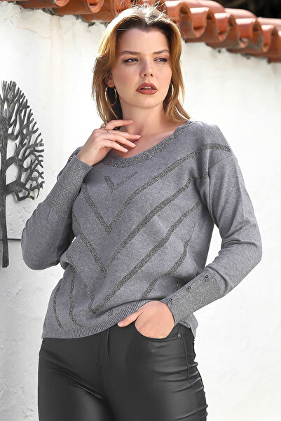 Chiccy Gray Melange V-Neck Cuffed Sleeves Buttoned Glitter Casual Knitwear Sweater 65 60
