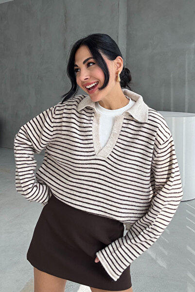 Seda Yalçın Atelier Stone Striped Polo Neck Knit Sweater